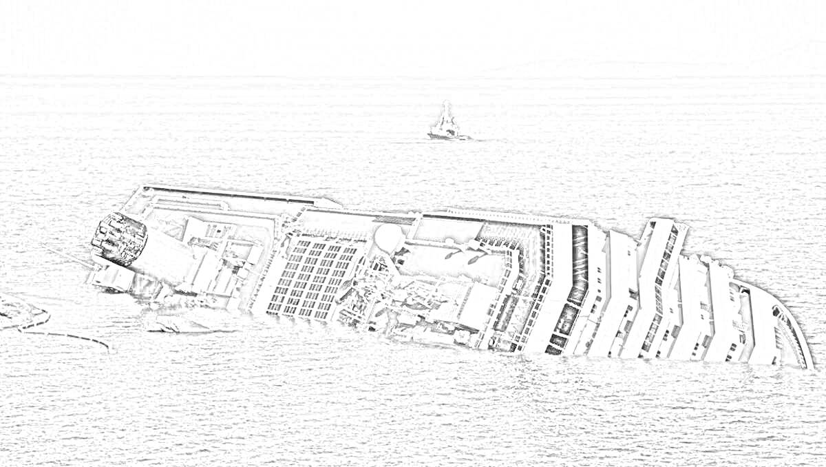 На раскраске изображено: Costa Concordia, Затонувший корабль, Круизный лайнер, Море, Кораблекрушение