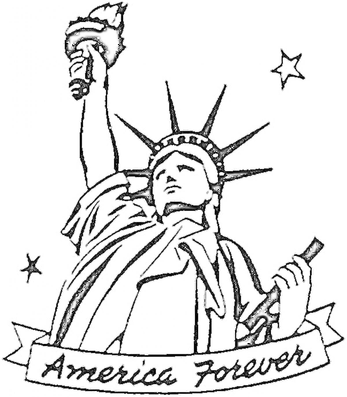 На раскраске изображено: Статуя Свободы, Америка, Патриотизм, Звезды, Факел, Надпись, Нью-Йорк, Символы