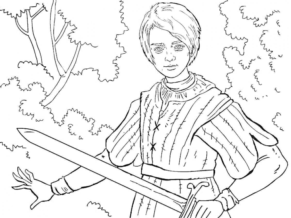 Девушка с короткими волосами в боевых доспехах с мечом в руке на фоне деревьев