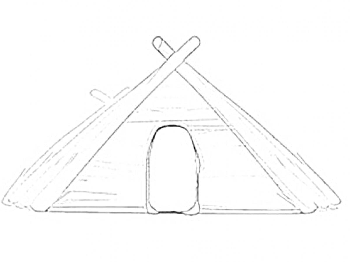 На раскраске изображено: Шалаш, Деревянная конструкция, Вход, Домик, Палатка, Природа