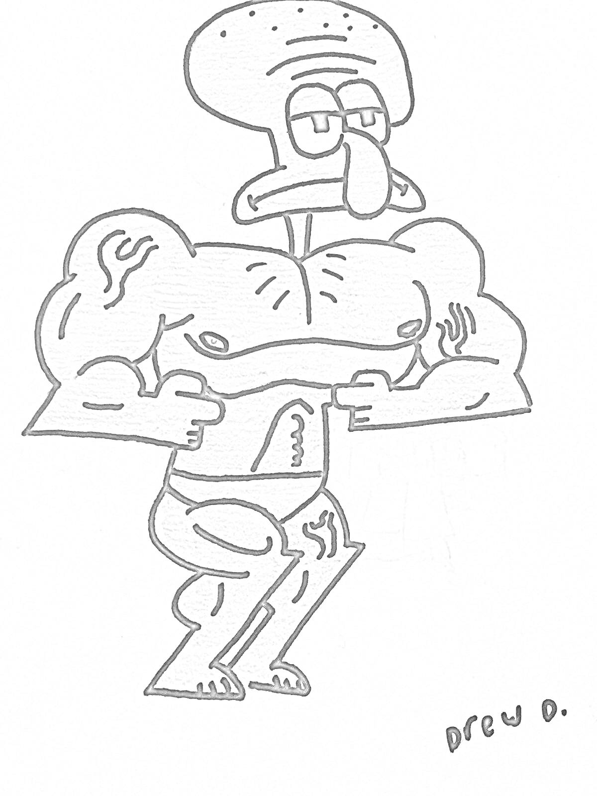 Раскраска Сквидвард с мускулами в спортивной позе