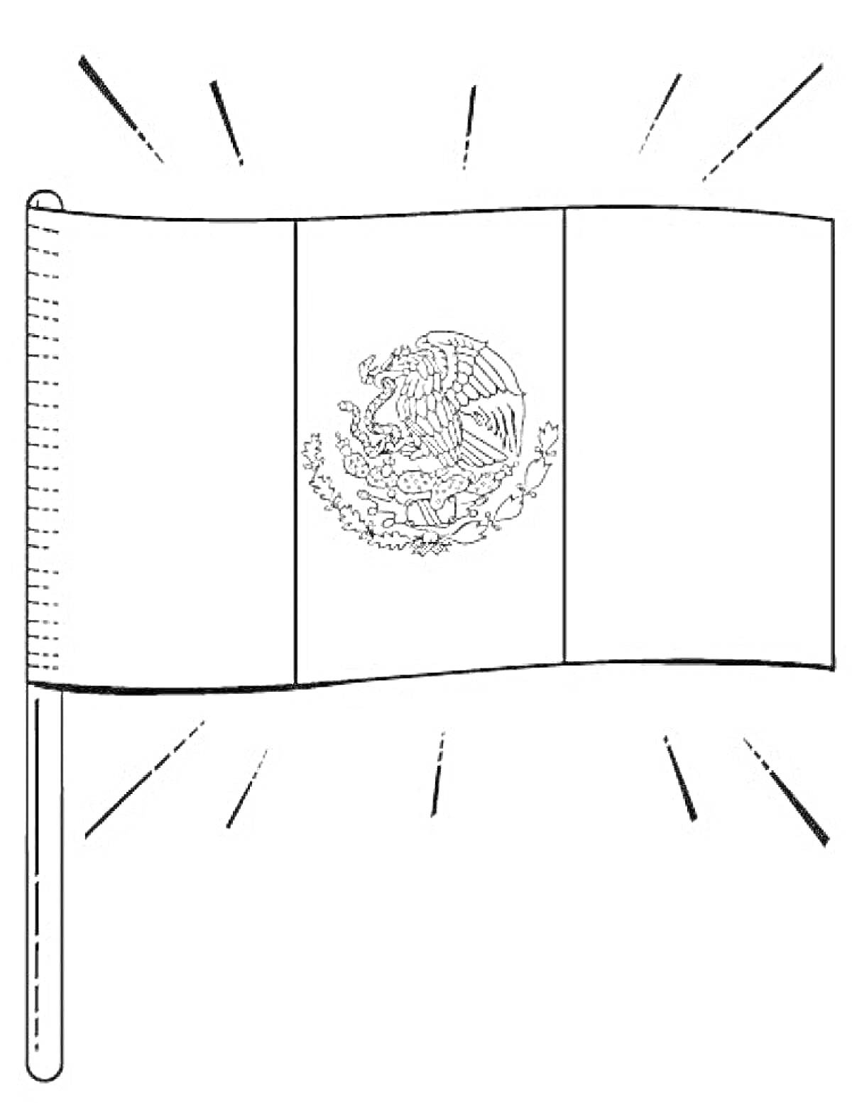 На раскраске изображено: Флаг, Мексика, Орел, Древко, Лучи