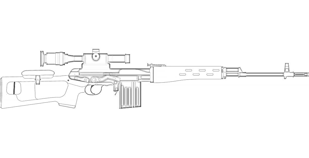 На раскраске изображено: Винтовка, Оружие, Оптический прицел, Магазин, Приклад