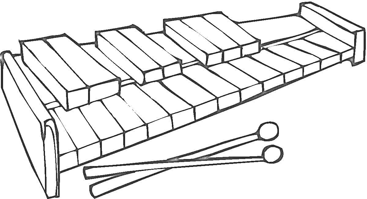 На раскраске изображено: Ксилофон, Ударный инструмент, Музыкальные инструменты