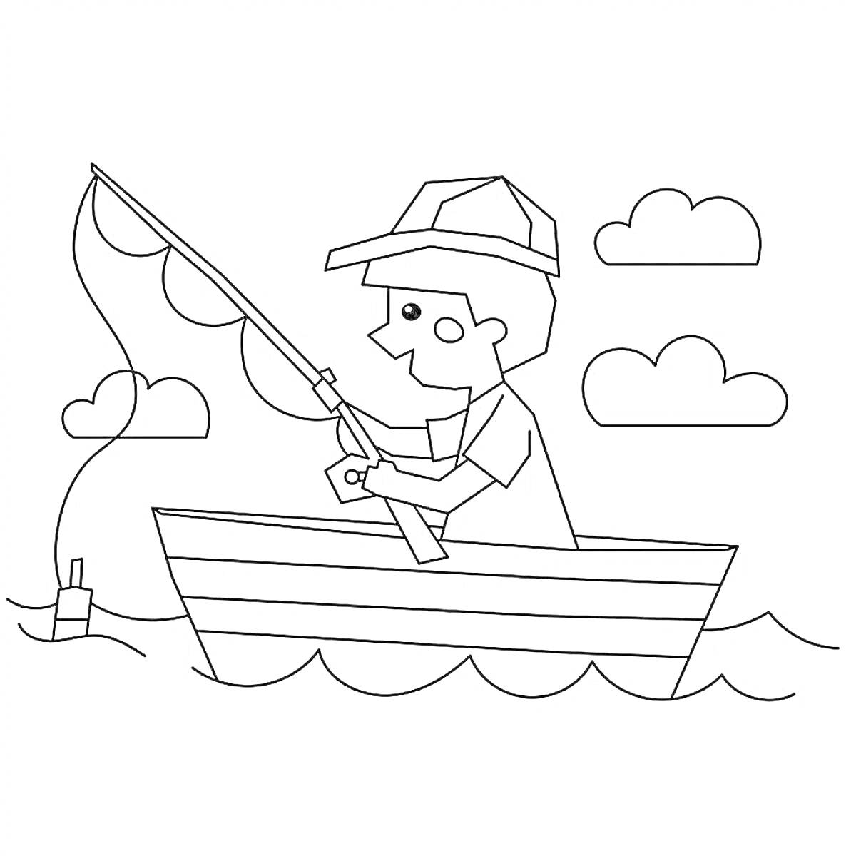Раскраска Рыбак в лодке с удочкой, облака и волны