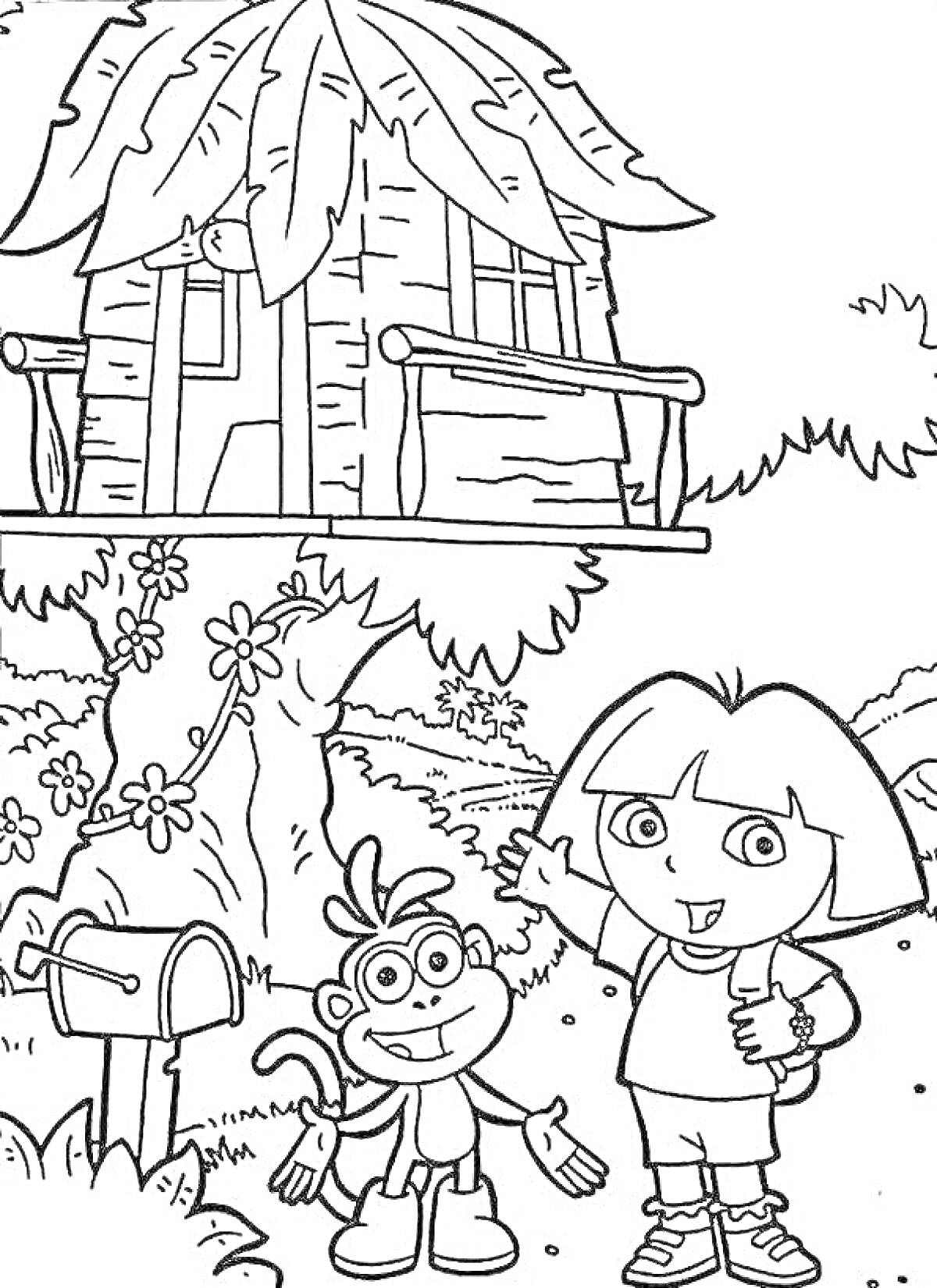 Раскраска Дом на дереве с персонажами, почтовый ящик, обезьянка, девочка с рюкзаком, цветы, кусты
