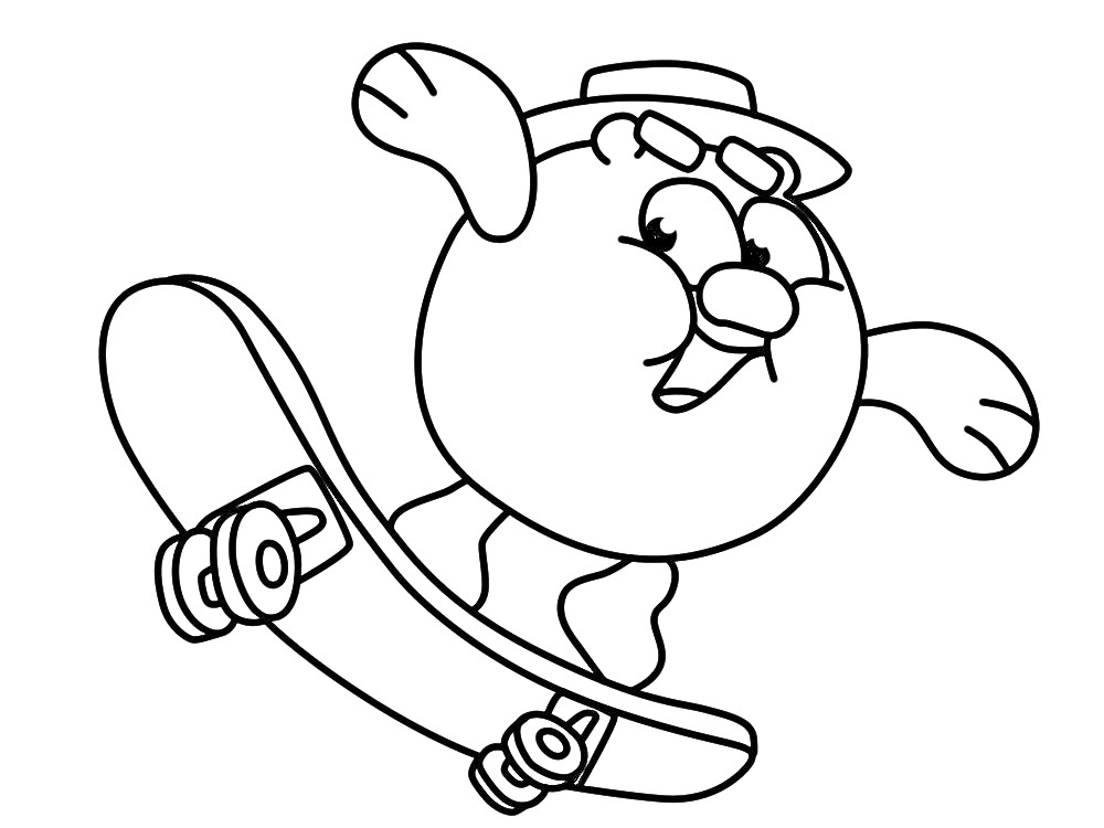 Раскраска Круглый персонаж на скейтборде с ушами, шляпой и очками