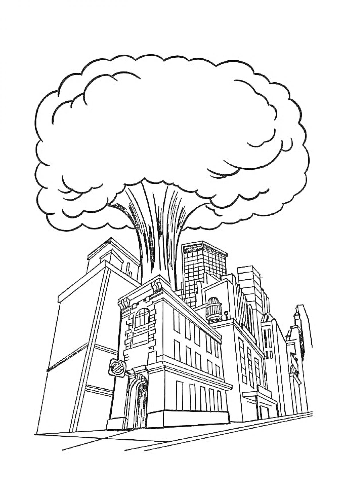 На раскраске изображено: Взрыв, Здания, Высотки, Архитектура