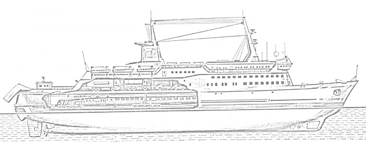 На раскраске изображено: Корабль, Морской транспорт, Море, Вода, Для детей, Мост