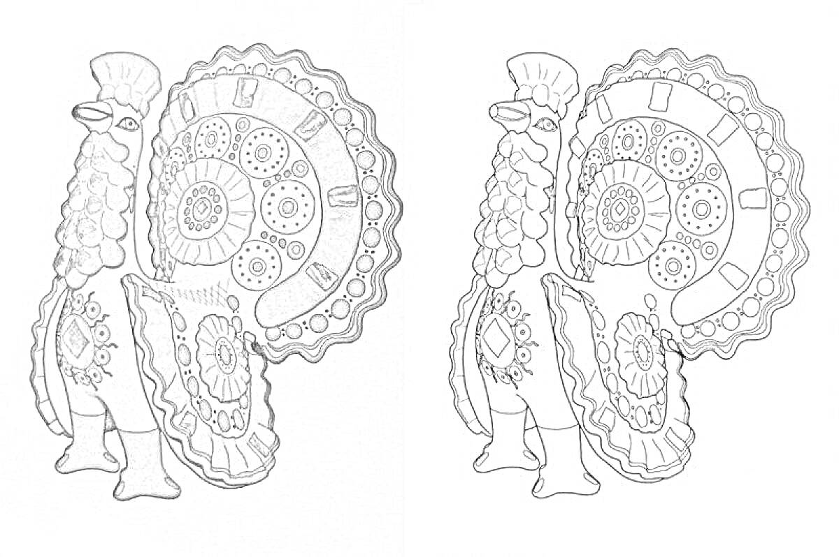 Раскраска Пара петухов с ярко выраженными хвостами, украшенными круговыми узорами дымковской росписи