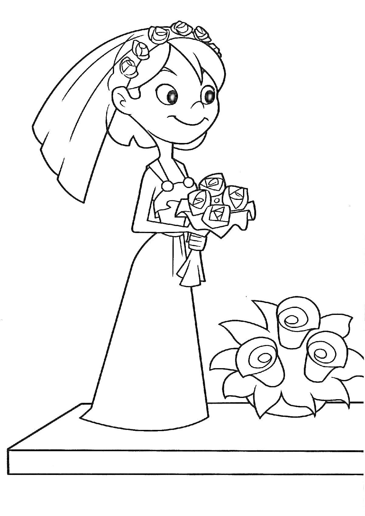 На раскраске изображено: Невеста, Розы, Фата, Цветы, Свадьба, Платье, Венок, Цветочная композиция