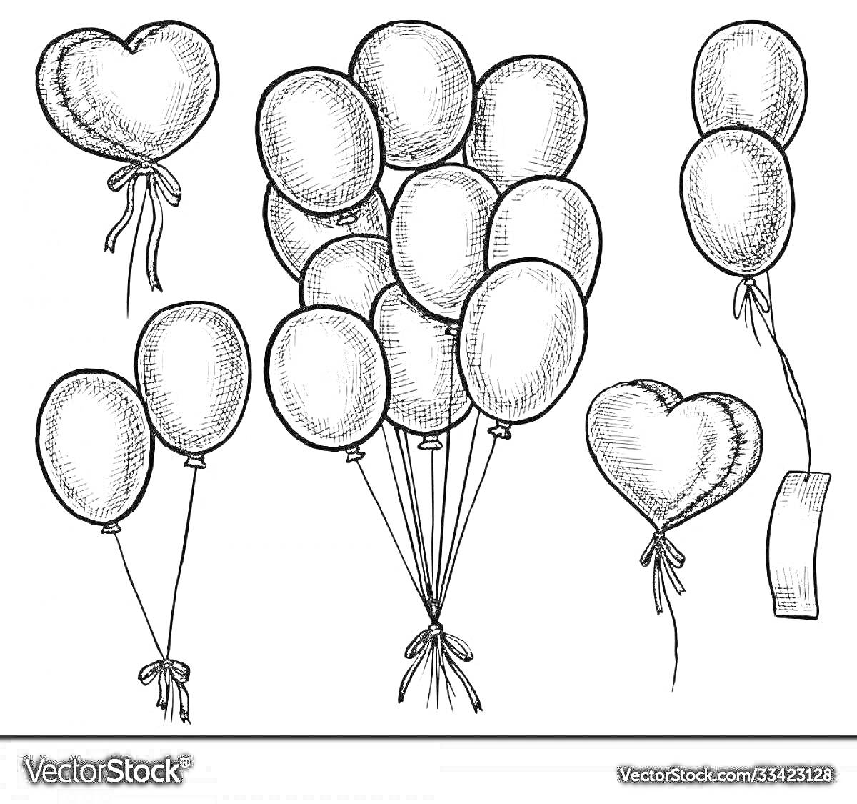 Раскраска Воздушные шары в форме сердца и овальные, связки из воздушных шаров с лентами