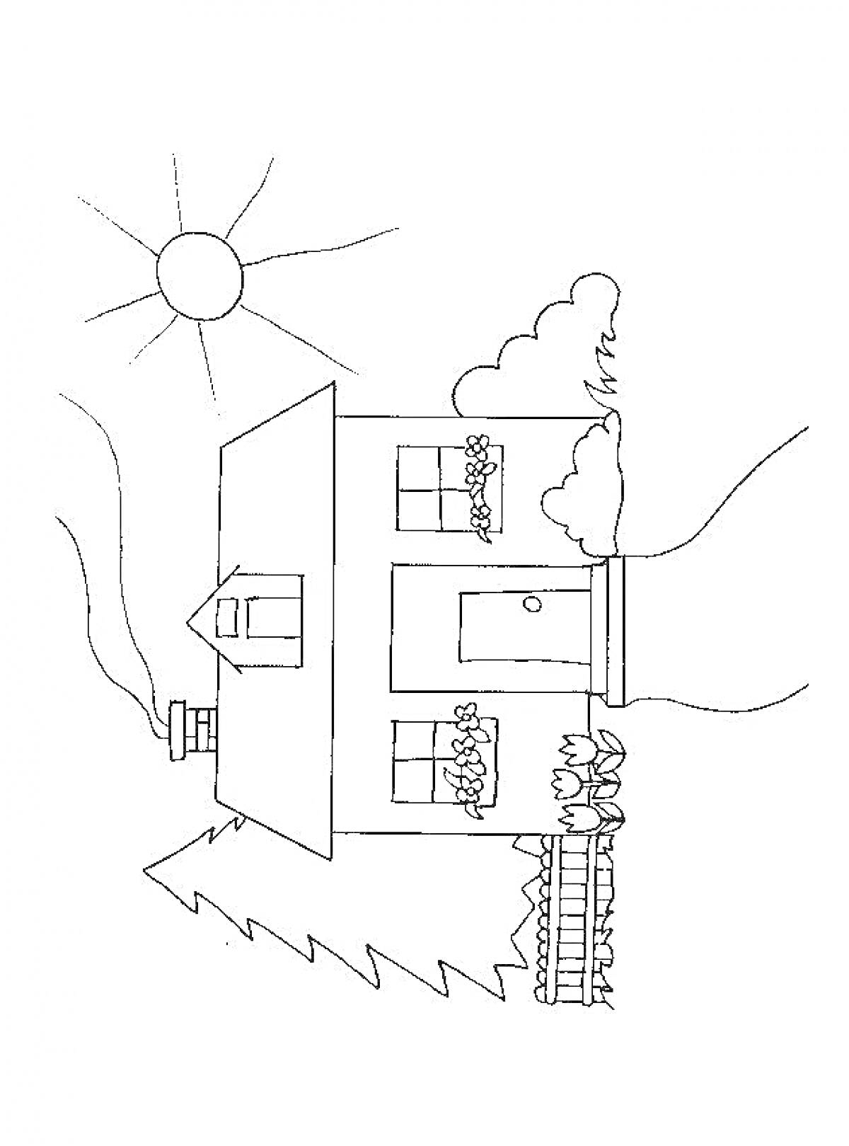 На раскраске изображено: Дом, Солнце, Облака, Дым, Труба, Растения, Забор, Крыша, Окна, Дверь, Крыльцо