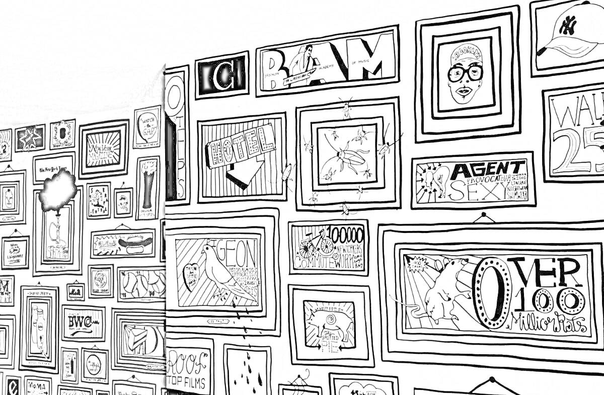 Раскраска Чёрно-белая стена с множеством различных постеров в рамках, включающие надписи и изображения комиксов.