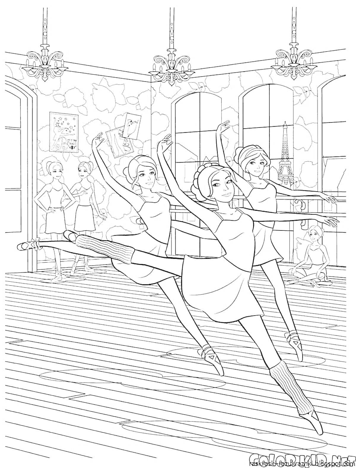 На раскраске изображено: Балет, Балерина, Светильники, Окна