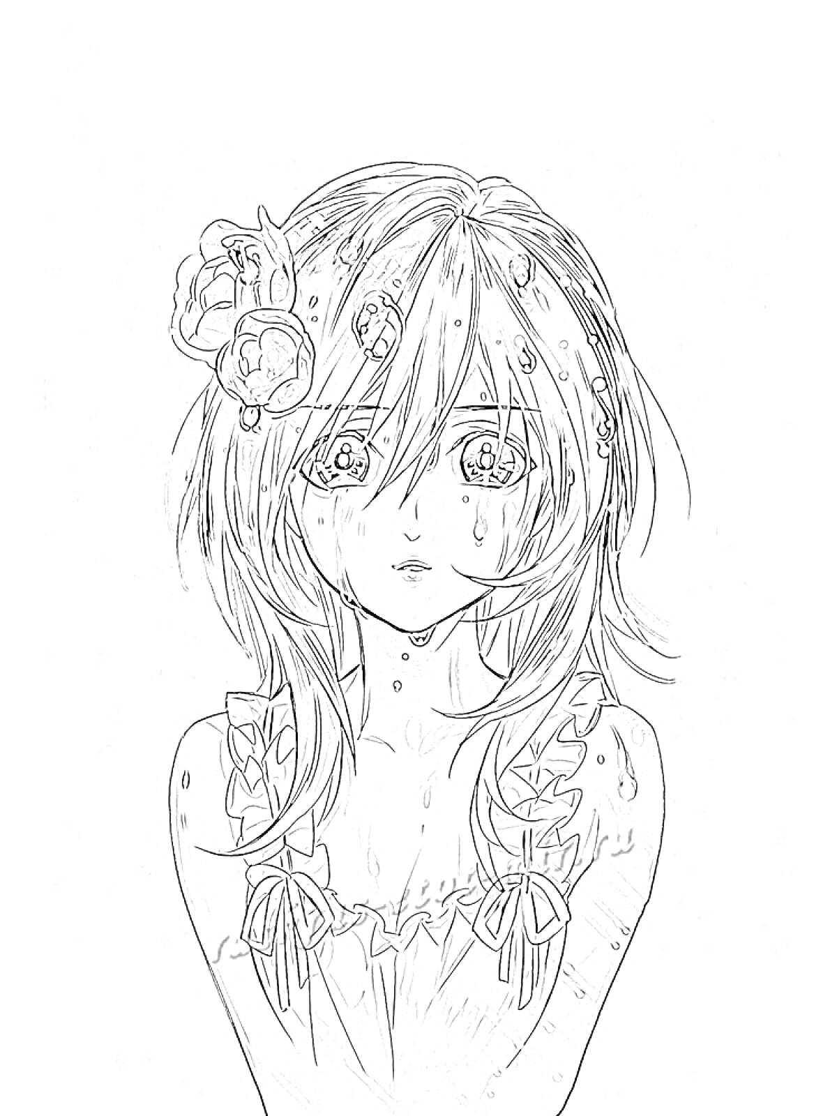 Раскраска Аниме девушка с цветком в волосах, большие глаза, длинные волосы, платье с бантиками и бусинами