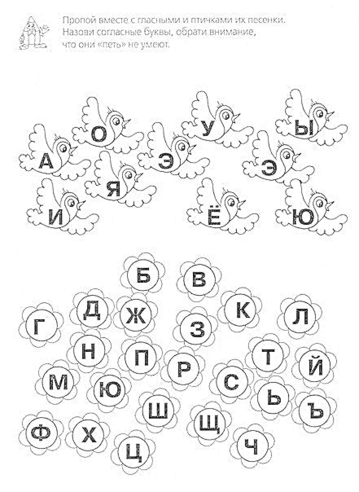 Раскраска Раскраска с гласными буквами и птицами для дошкольников. Включает гласные А, О, У, Ы, И, Э, Е, Ё, Ю, Я, расположенные на птицах, и согласные, расположенные в цветах.