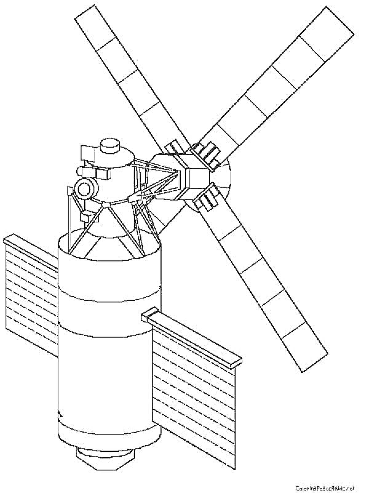 Раскраска Спутник с солнечными панелями и антеннами