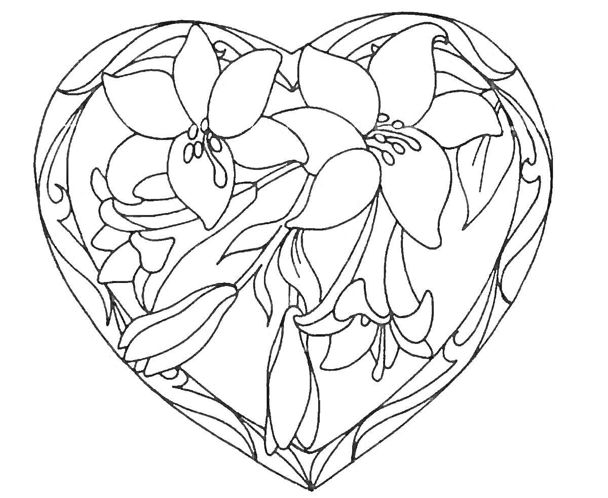Раскраска Сердце с цветами и лианами