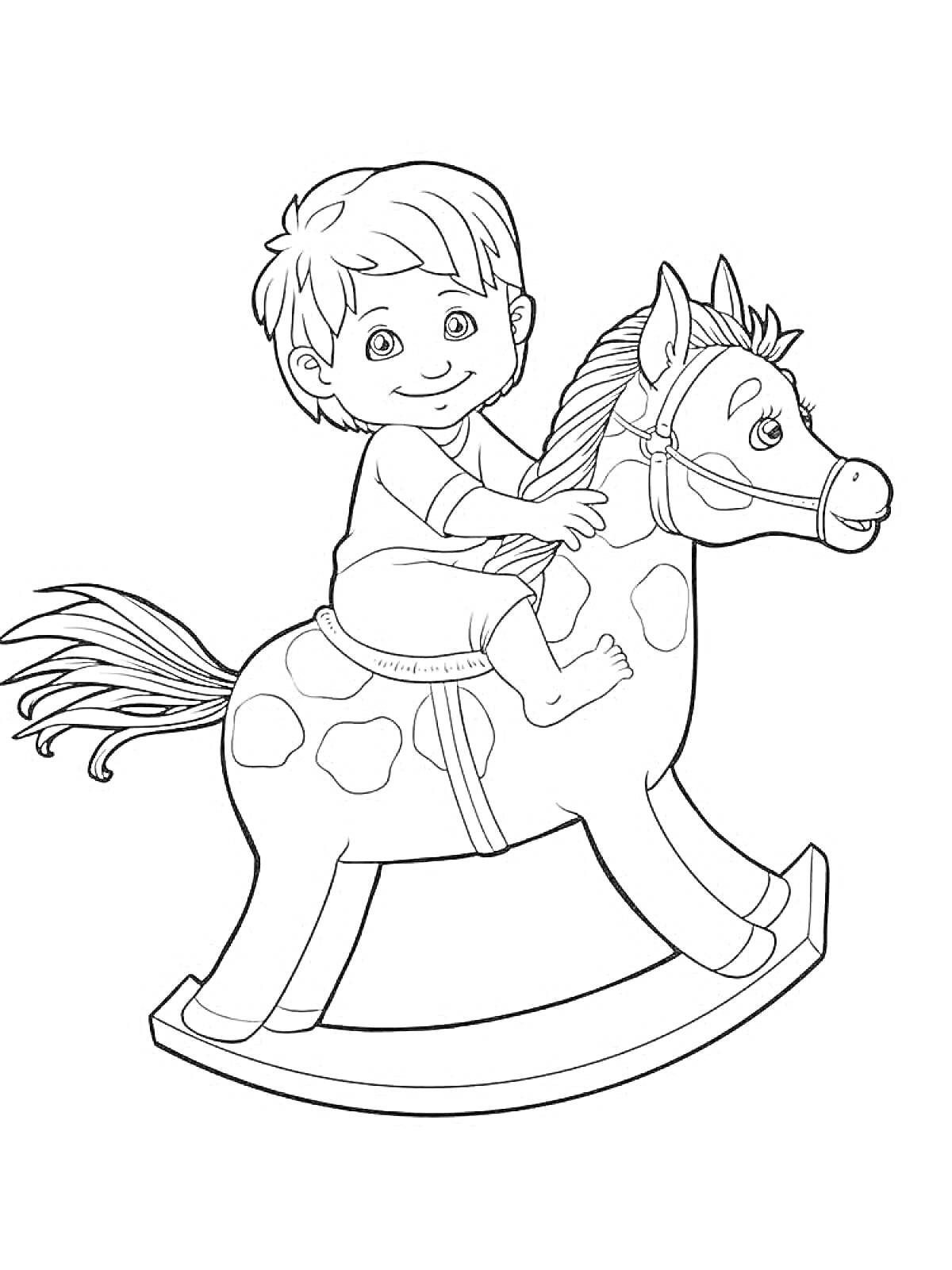 На раскраске изображено: Мальчик, Качалка, Всадник, Игрушки, Лошадь