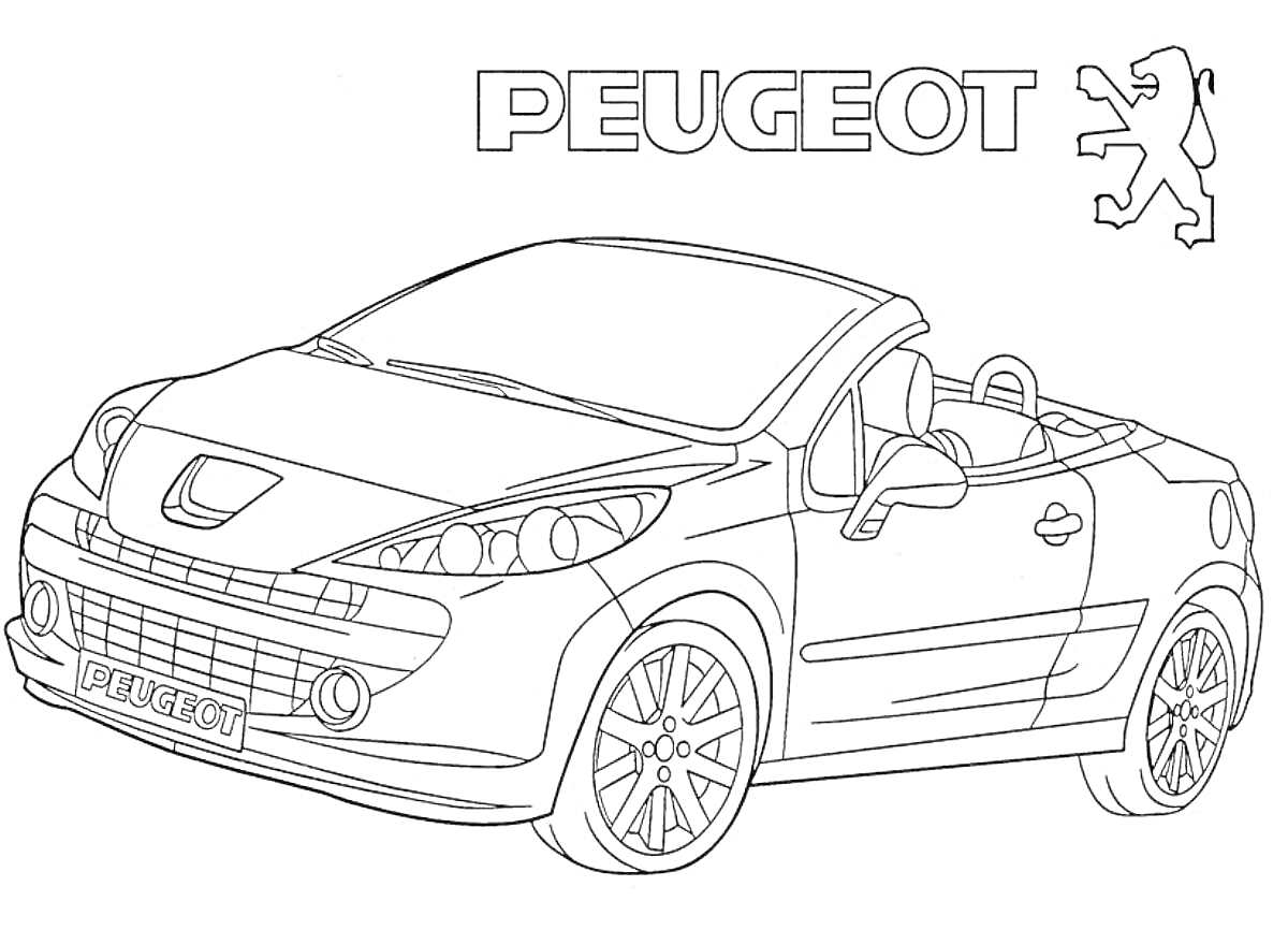 Картинка-раскраска с изображением кабриолета Peugeot, логотипа и надписи PEUGEOT