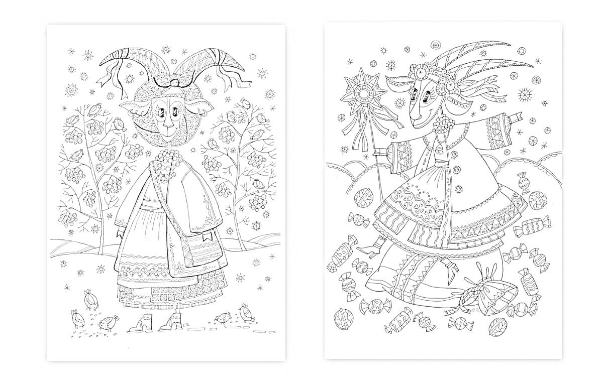 Раскраска Колядующие дети, переодетые в костюмы козла и девушки с рождественской звездой, праздничная одежда, зима, снежинки