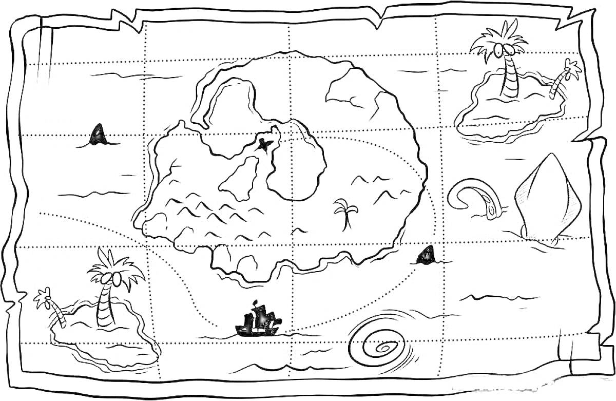 Раскраска Карта сокровищ с островом в форме черепа, пальмами, кораблем и акулами