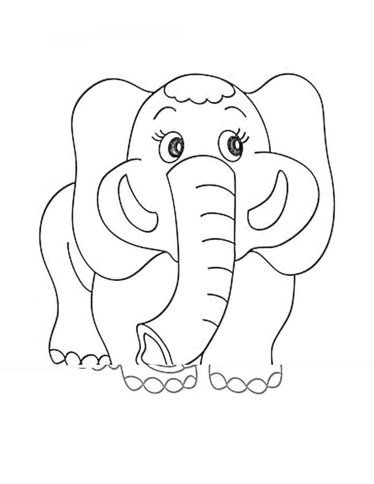 На раскраске изображено: Хобот, Большие уши, Глаза, Ресницы, Трава, Слон