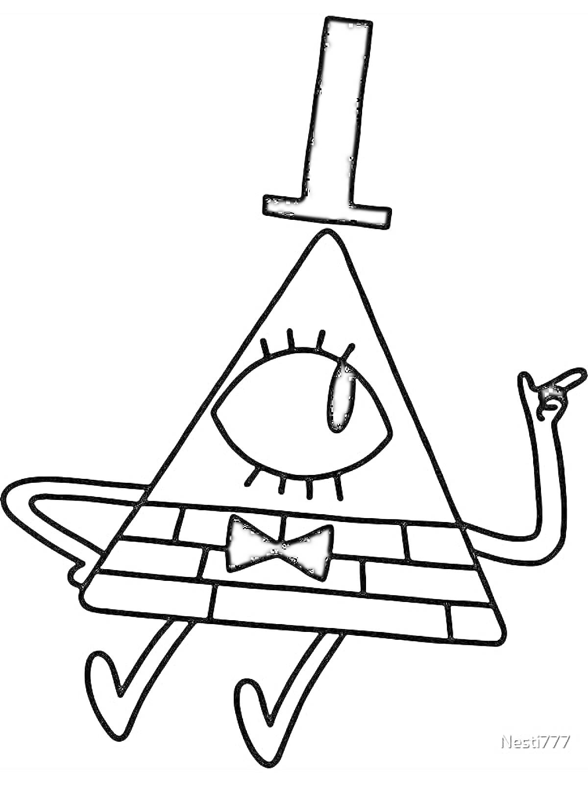 Раскраска Треугольный персонаж с одним глазом, шляпой и бабочкой, поднимающий палец вверх