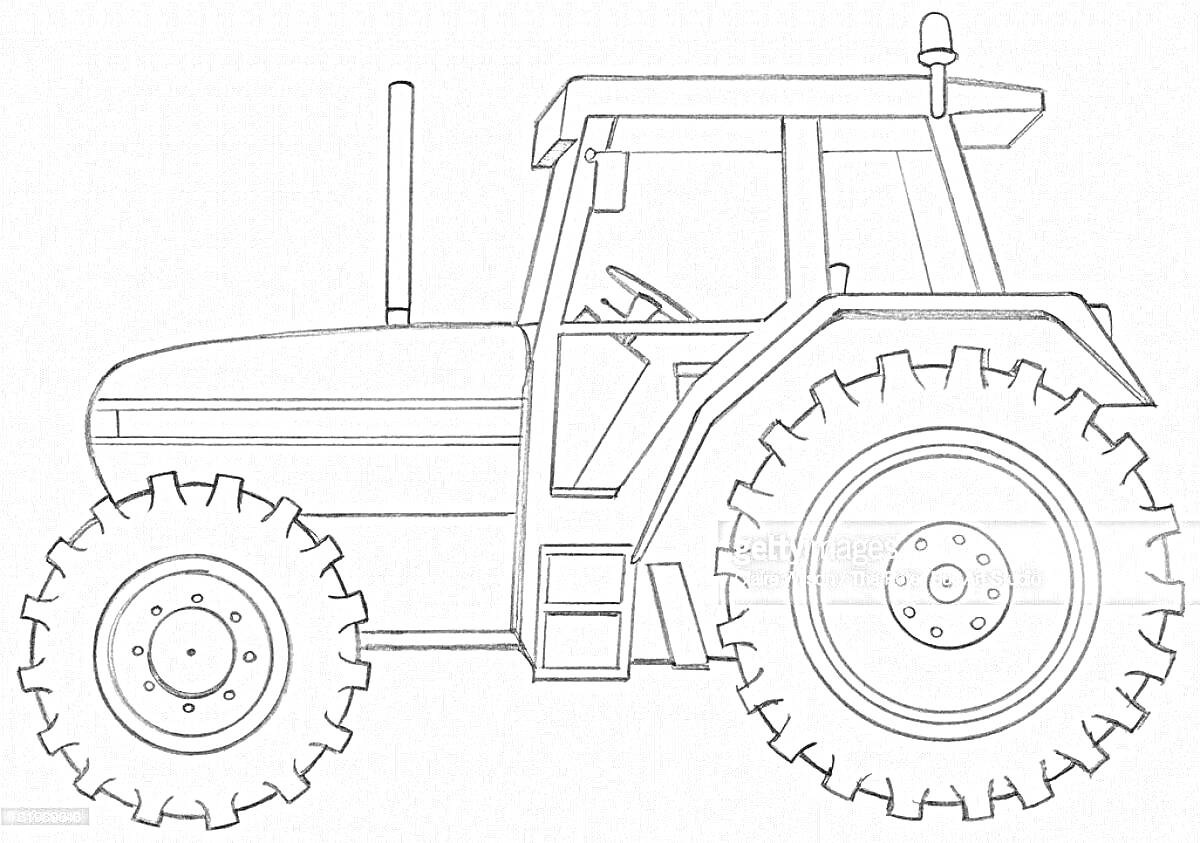 Раскраска Трактор Беларусь с большими задними колесами, кабиной и выхлопной трубой