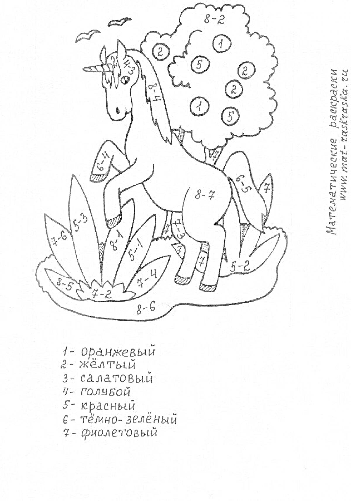 Раскраска Единорог среди растений и деревьев, математическая раскраска