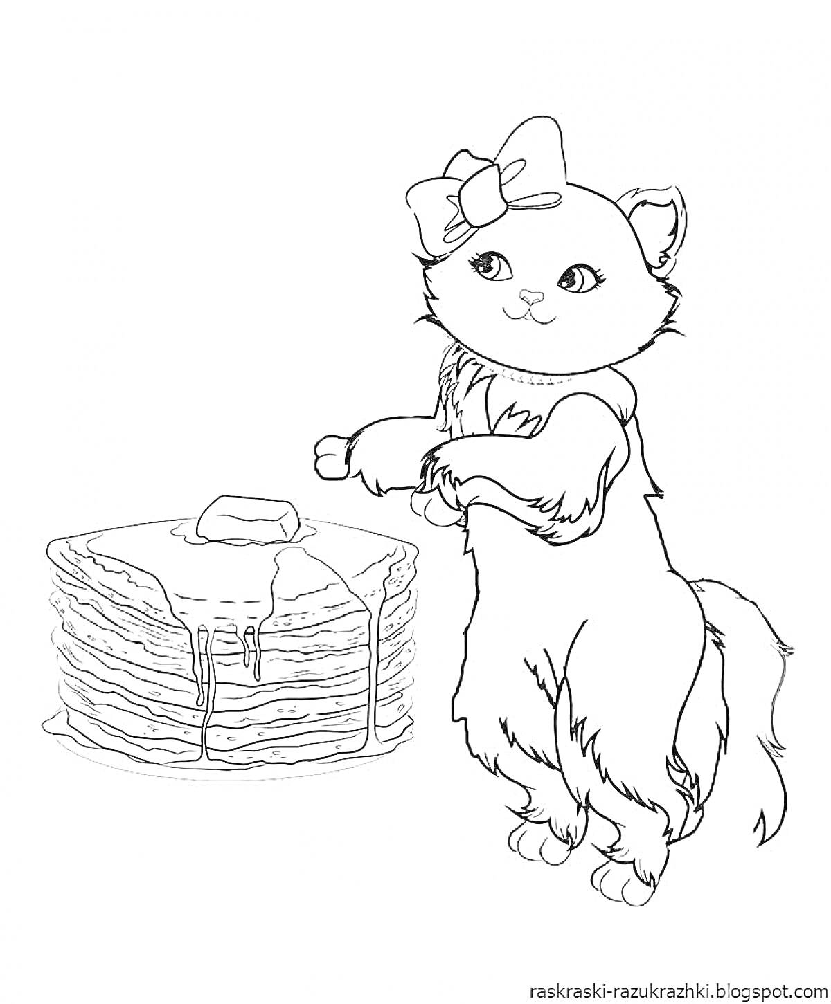 Раскраска Котёнок с блинами на масленицу