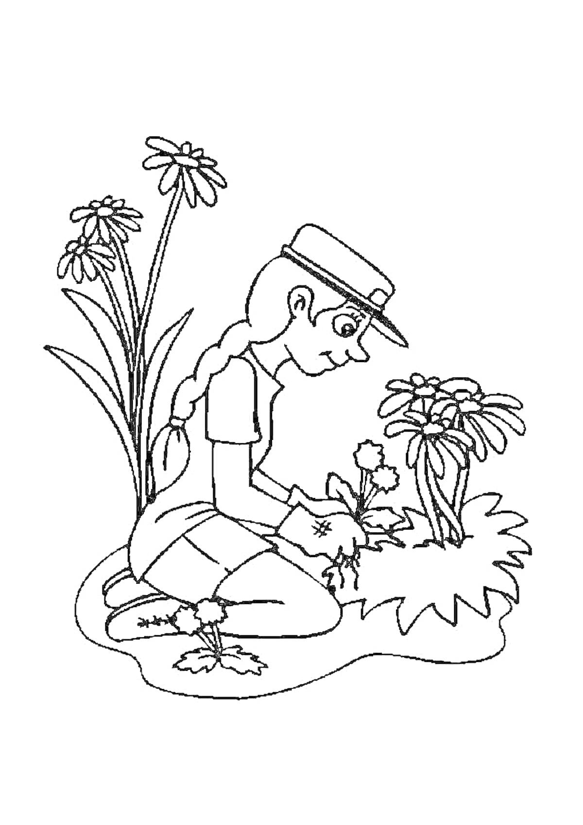 На раскраске изображено: Садовник, Коса, Цветы, Сад, Шляпа, Перчатки, Клумба, Ребенок