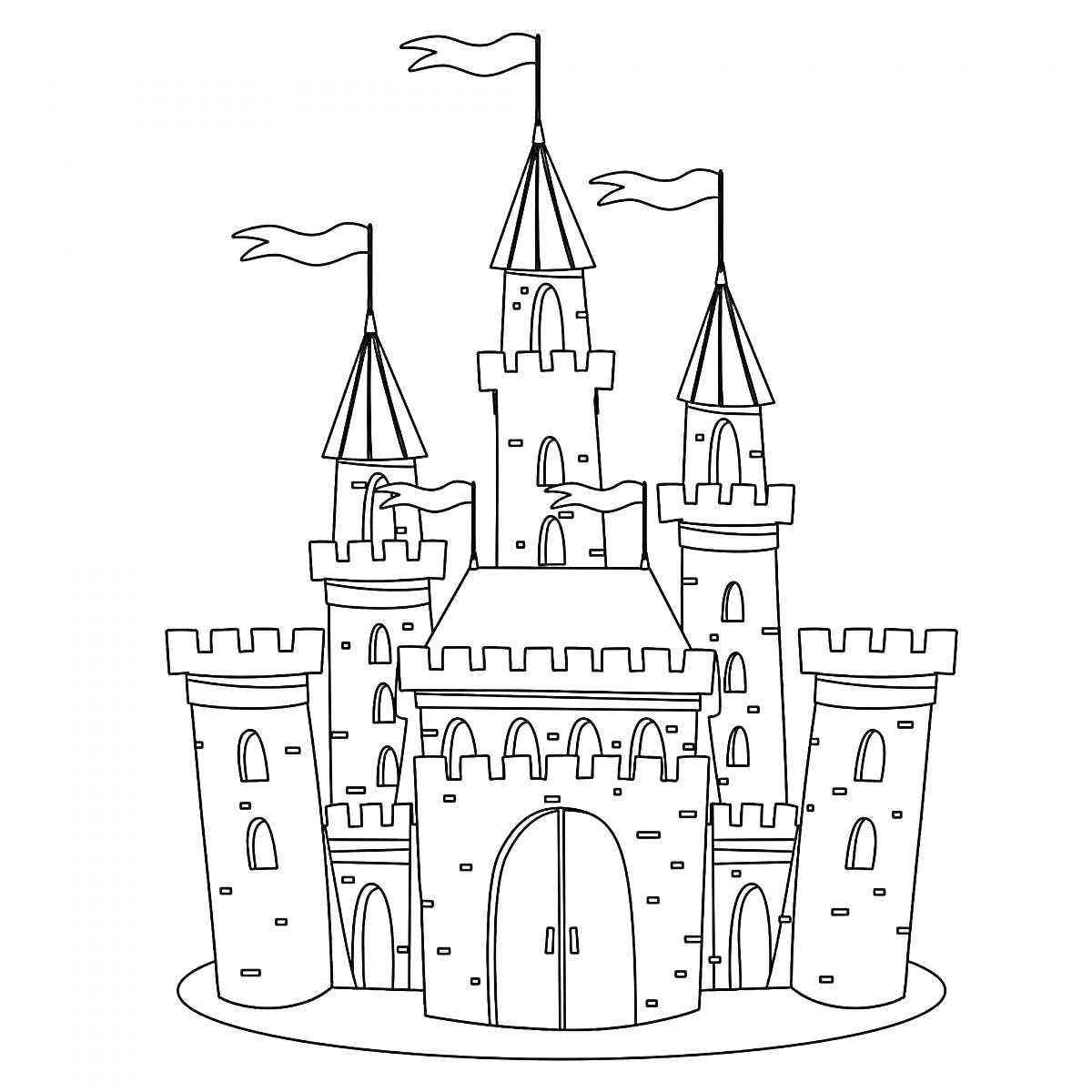 На раскраске изображено: Замок, Башни, Дверь, Арка, Крепость, Архитектура, Средневековье, Флаг, Стена