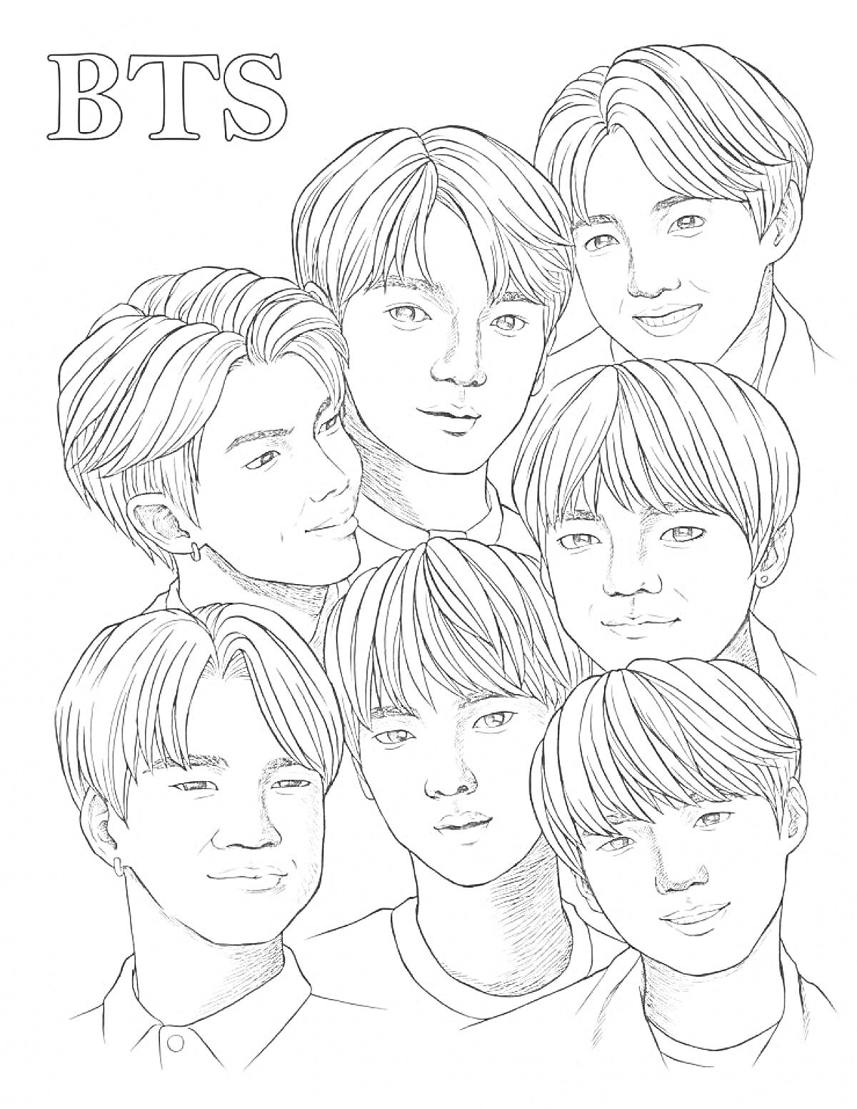 Раскраска Портрет участников группы BТС крупным планом с названием BTS в верхнем левом углу