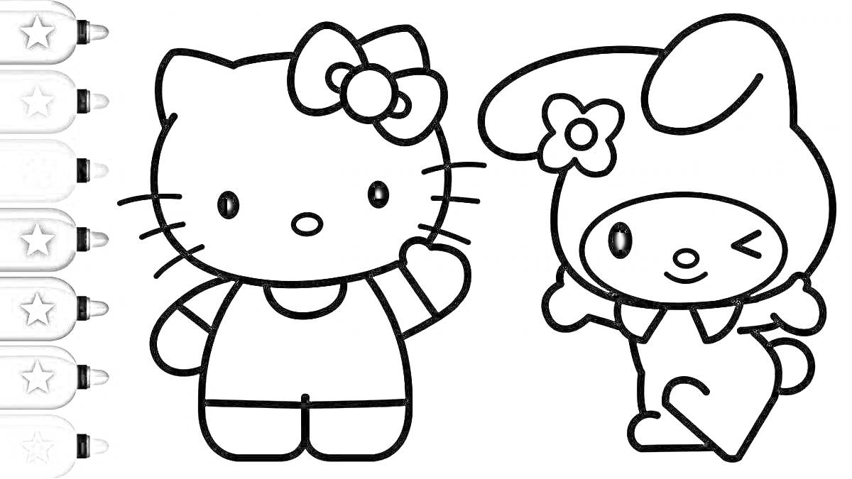 Раскраска Хеллоу Китти и друг-зайка с цветком, набор цветных маркеров слева