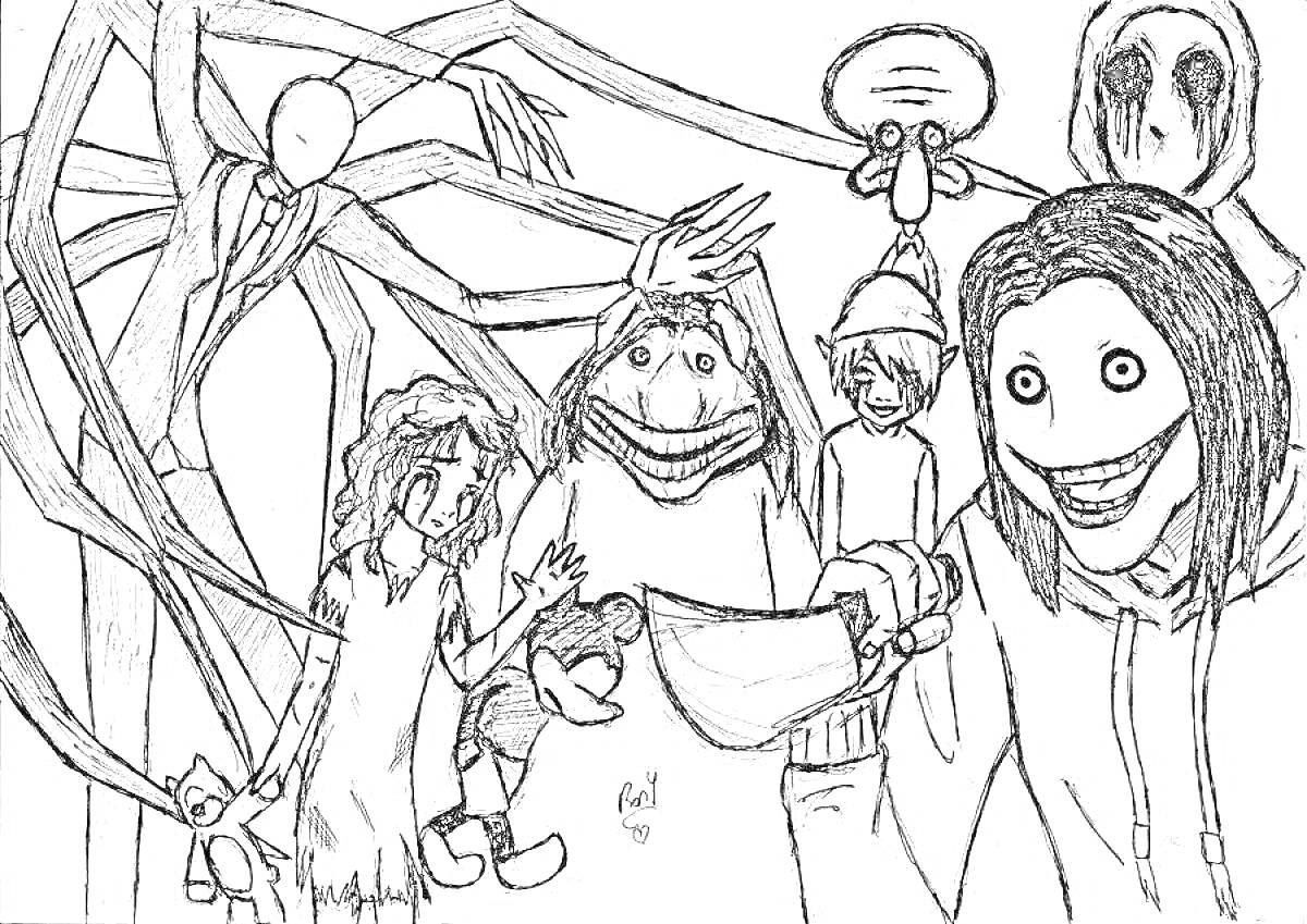 На раскраске изображено: SCP, Ужасы, Щупальца, Капюшон, Широкая улыбка, Кукла, Детские персонажи, Монстр