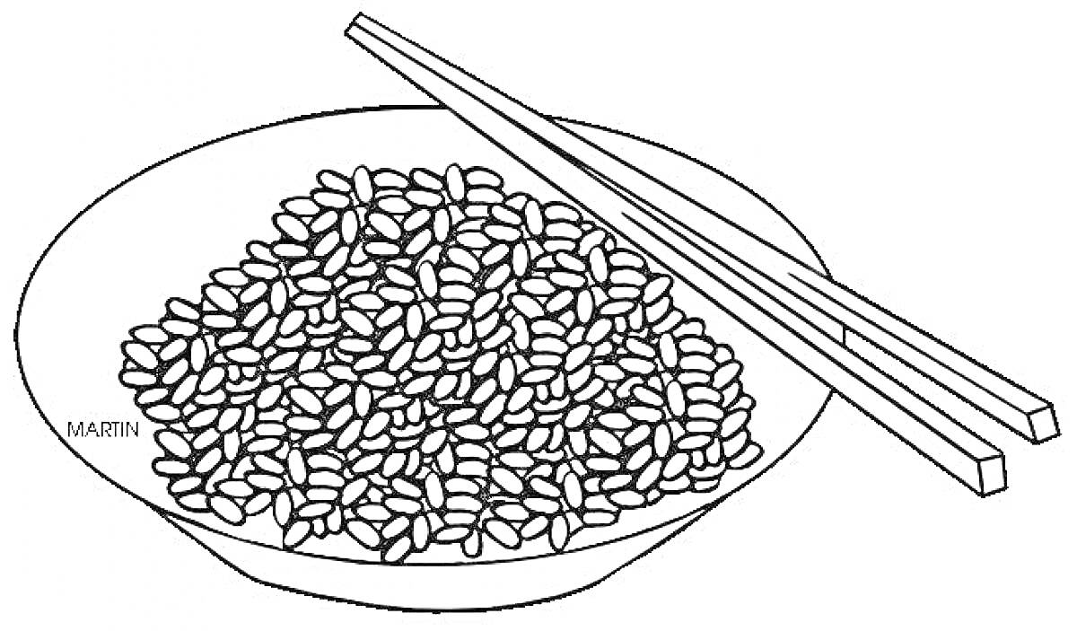 На раскраске изображено: Рис, Тарелка, Палочки для еды, Еда