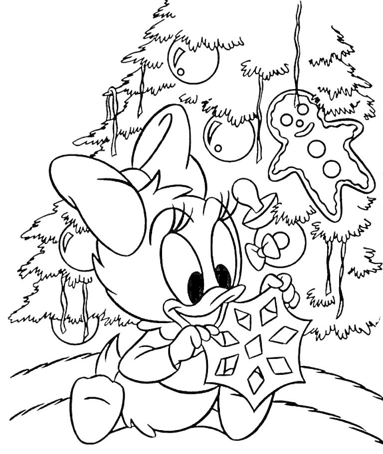 Раскраска Утиные истории - утенок держит снежинку перед новогодней елкой с украшениями и пряничным человеком