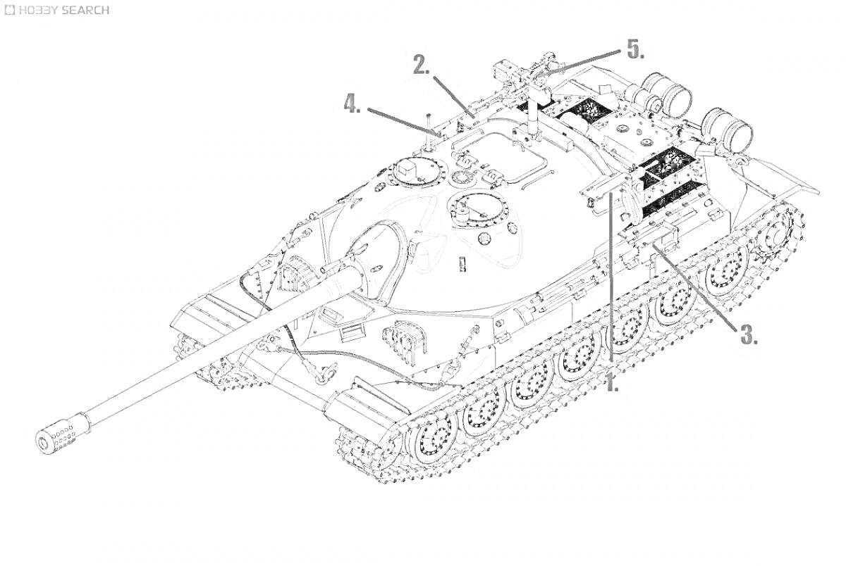 Танк ИС с детализацией отдельных элементов, таких как пушка, смотровые приборы, люки, раскладка оборудования и гусеницы.