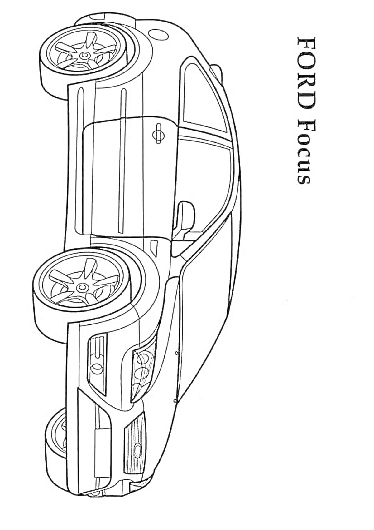 На раскраске изображено: Ford Focus, Колёса, Окна, Фары
