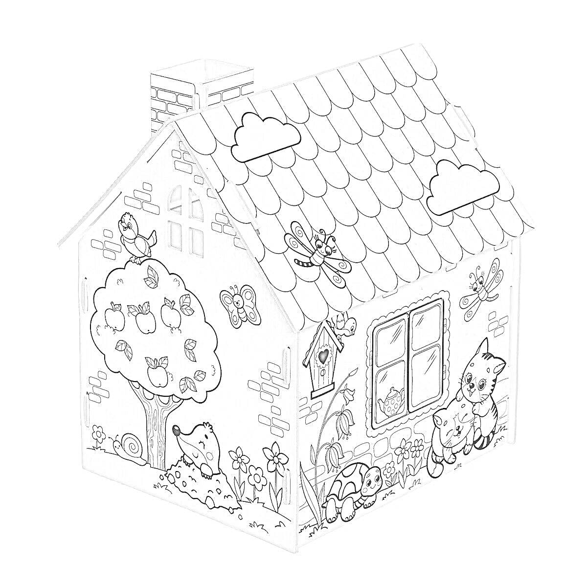 Картонный домик с деревом, крышей из черепицы, окном, растениями, облаками, бабочками, домиком для птиц, насекомыми, двумя лесными животными и цветами