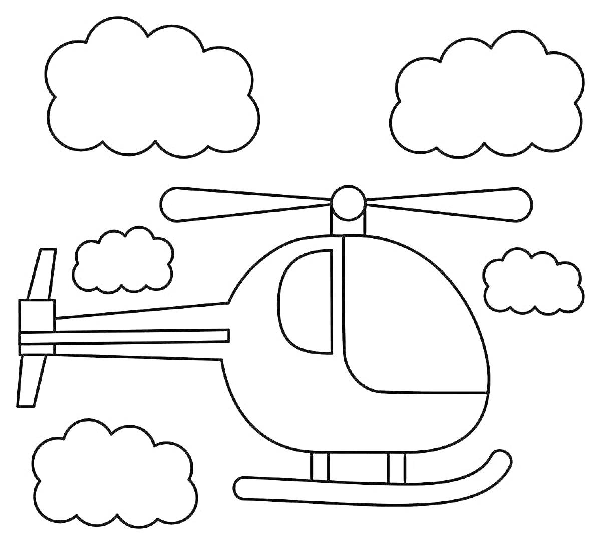 На раскраске изображено: Вертолет, Облака, Для детей, 3 года, 4 года, Воздушный транспорт, Небо, Игра