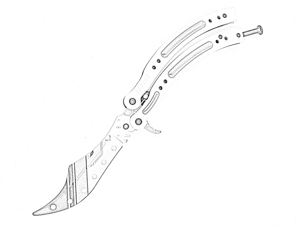 Раскраска Нож-бабочка с декоративными элементами, выпуклым узором на клинке и прорезями на рукоятке
