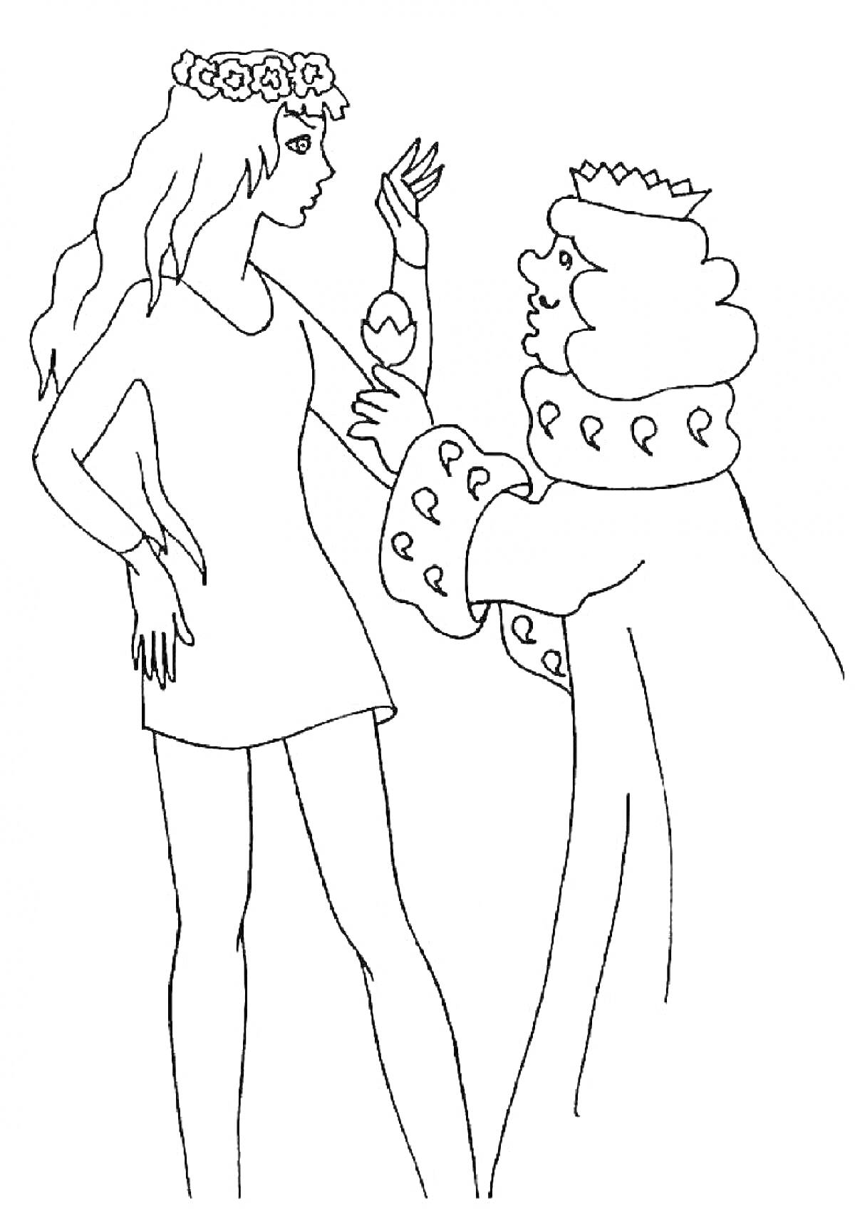 На раскраске изображено: Бременские музыканты, Принцесса, Король, Корона, Цветочный венок, Платье