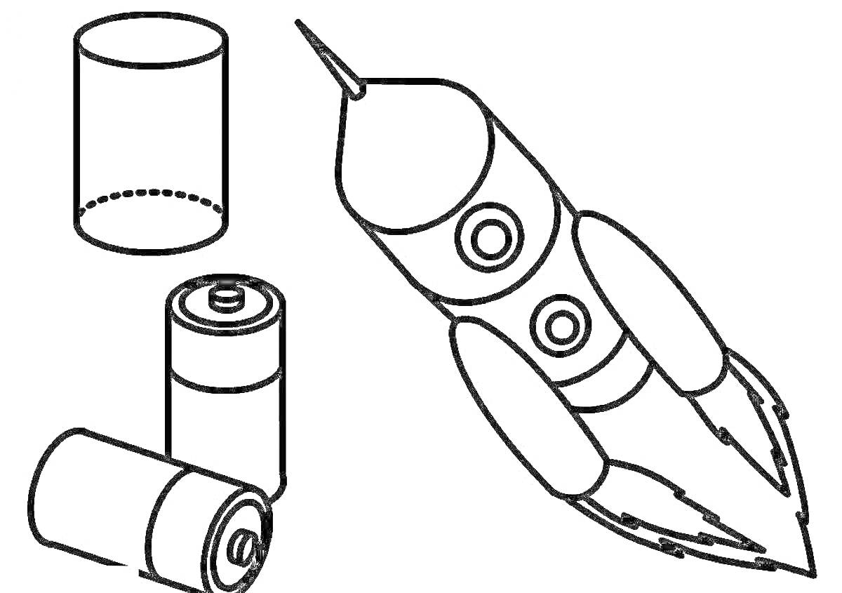 ракета, одинарный цилиндр, цилиндрические батарейки