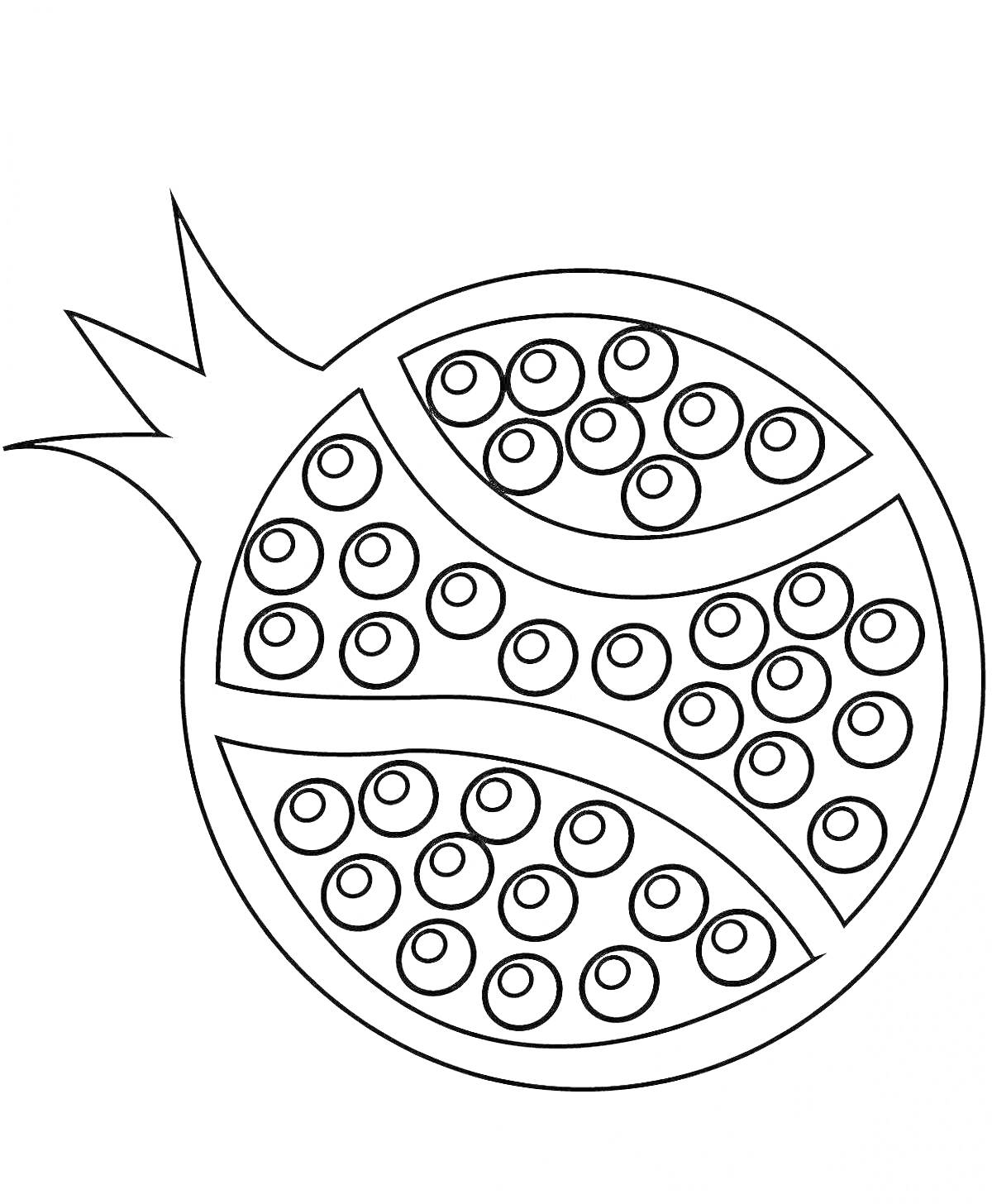 На раскраске изображено: Гранат, Фрукты, Ягоды, Разрез, Зерна, Для детей