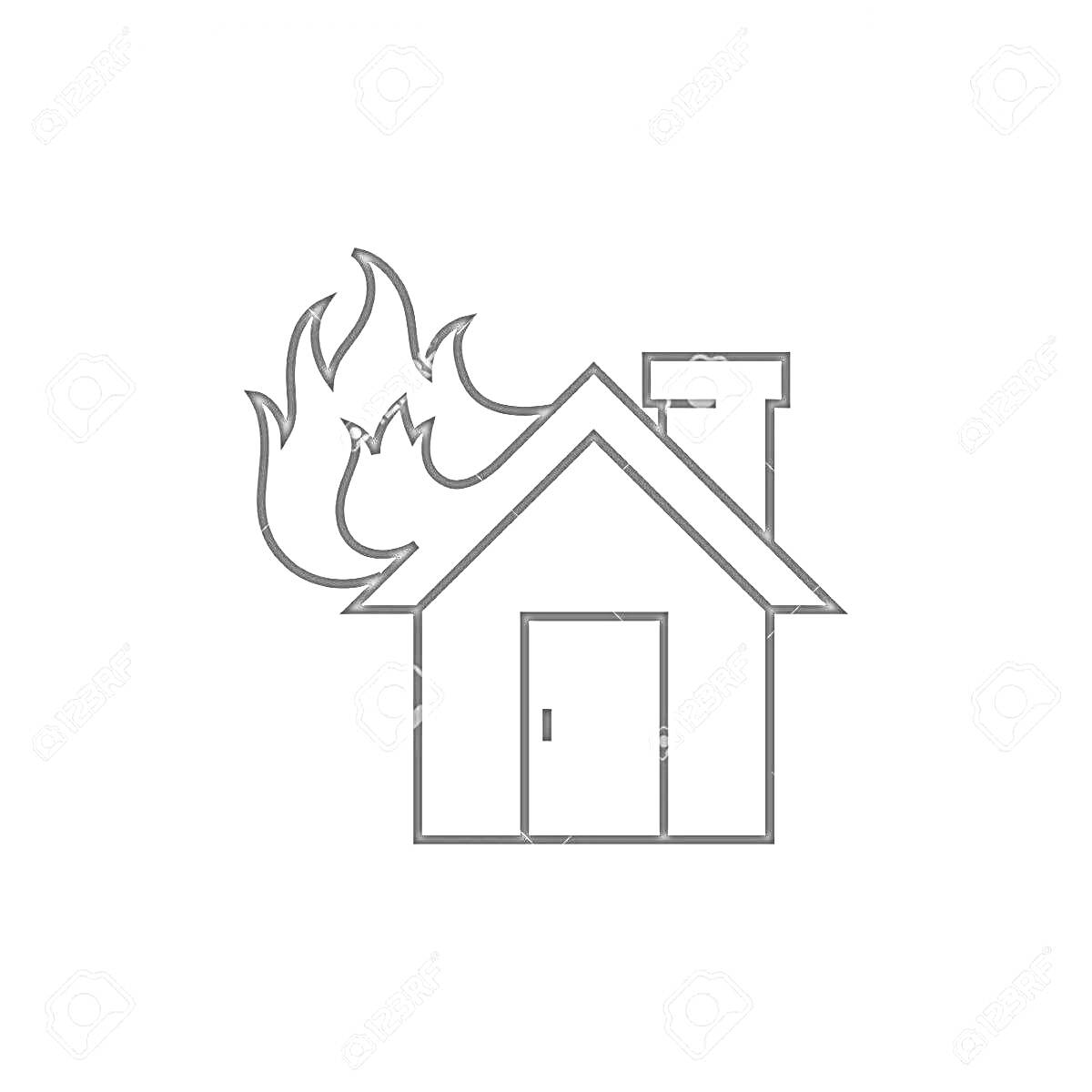 На раскраске изображено: Дом, Пожар, Огонь, Крыша, Дымоход