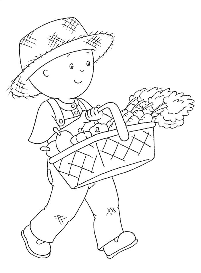 На раскраске изображено: Каю, Мальчик, Корзина, Овощи, Морковь, Комбинезоны
