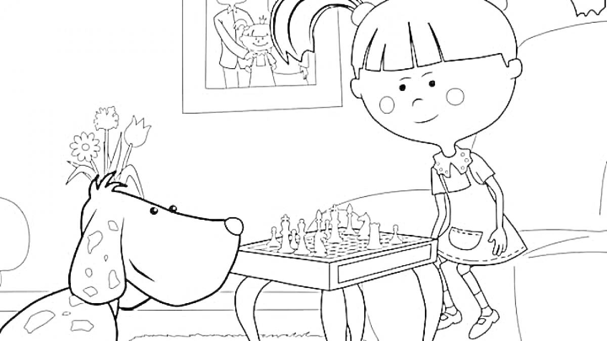 Девочка играет в шахматы с собакой в гостиной